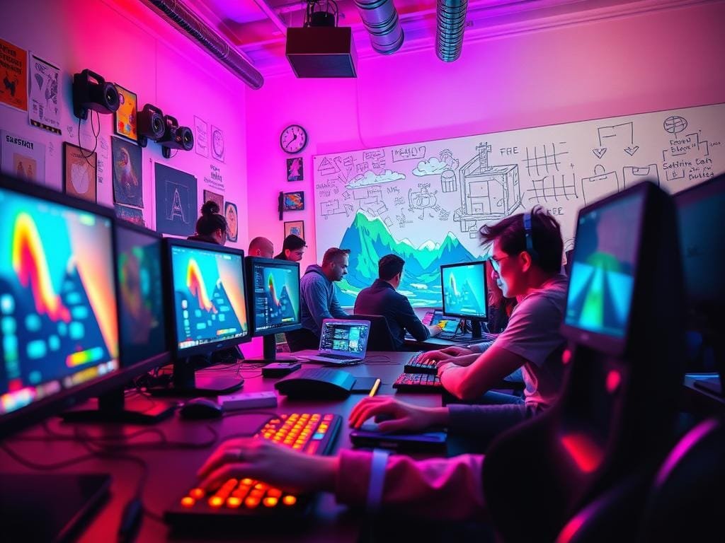 A bustling indie game development studio, with a team of passionate creators huddled around glowing computer screens. Vibrant colors and dynamic lighting cast an energetic, almost kaleidoscopic atmosphere. In the foreground, a developer meticulously codes, fingers flying across the keyboard, while in the middle ground, artists collaborate on a detailed pixel art landscape. In the background, a whiteboard bursts with scribbled ideas and concept sketches. The room is filled with a palpable sense of innovation and determination, capturing the spirit of the indie game gold rush.