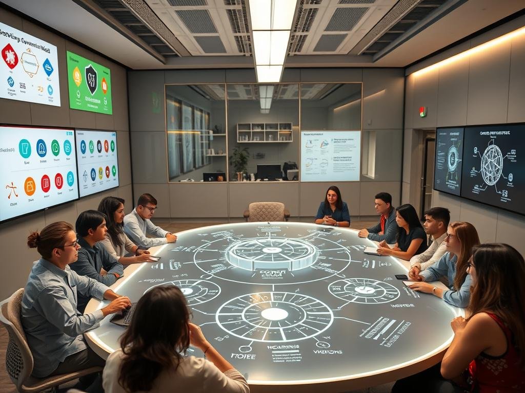 A bustling meeting room in a sleek, modern office. The walls are adorned with screens displaying various governance models, each represented by distinct icons and color schemes. In the center, a holographic table projects intricate diagrams, illustrating the decision-making processes and voting mechanisms of decentralized autonomous organizations. Around the table, a diverse group of DAO members engage in animated discussions, their faces illuminated by the soft, ambient lighting. The scene conveys a sense of collaborative innovation, as the participants navigate the complexities of distributed governance. The overall atmosphere is one of dynamic, forward-thinking exploration, capturing the essence of the "Various Governance Models in DAOs" subject.