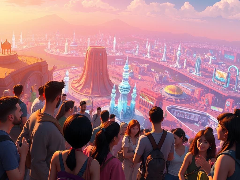 A bustling metaverse social hub, bathed in a warm, ambient glow. In the foreground, a group of avatars engaged in lively conversation, their expressive gestures and animated expressions conveying a sense of camaraderie and shared experience. The middle ground reveals a vibrant landscape, with towering holographic structures and immersive virtual environments that invite exploration. In the background, a panoramic view of the metaverse cityscape, where diverse digital communities come together seamlessly, creating a tapestry of interconnected experiences. The scene exudes a sense of wonder, creativity, and the boundless possibilities of metaverse social interaction.