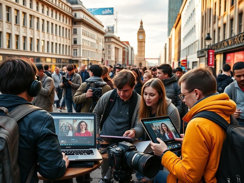 A bustling metropolitan scene in London, with the iconic architecture of the city serving as the backdrop. In the foreground, a group of content creators collaborate on their latest project, their laptops and cameras capturing the energy of the moment. The middle ground showcases the latest digital tools and software, seamlessly integrated into the creative workflow. The lighting is warm and natural, reflecting the vibrant atmosphere of the South by Southwest London event. The composition is balanced, drawing the viewer's eye towards the focal point of the content creators, while still allowing the viewer to appreciate the broader context of the scene.
