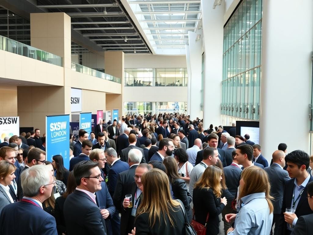 A bustling networking event at SXSW London, taking place in a modern, well-lit convention center. Professionals in business attire mingle and converse, exchanging ideas and making connections. The foreground features a group of attendees engaged in an animated discussion, their expressions and body language conveying a sense of lively interaction. In the middle ground, more guests move between clusters of people, some holding drinks and exchanging cards. The background showcases the venue's sleek architectural design, with high ceilings and large windows allowing natural light to flood the space. An atmosphere of productivity, collaboration, and opportunity permeates the scene.