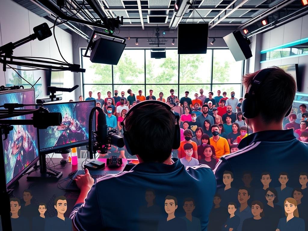 A bustling, vibrant live stream studio with a growing audience. In the foreground, a professional gamer sits intently, their eyes glued to the screen as they skillfully navigate the game. Surrounding them, a dynamic array of streaming equipment - high-definition cameras, sleek microphones, and colorful LED lighting - create an immersive and engaging setup. In the middle ground, the camera pans out to reveal a spacious, modern room with large windows, allowing natural light to pour in and illuminate the scene. In the background, a sea of faceless, animated viewers watch raptly, their digital avatars and comments filling the screen, signifying the burgeoning community and expanding audience. The overall atmosphere is one of energy, excitement, and a sense of boundless potential for the streamer to captivate and grow their viewership.