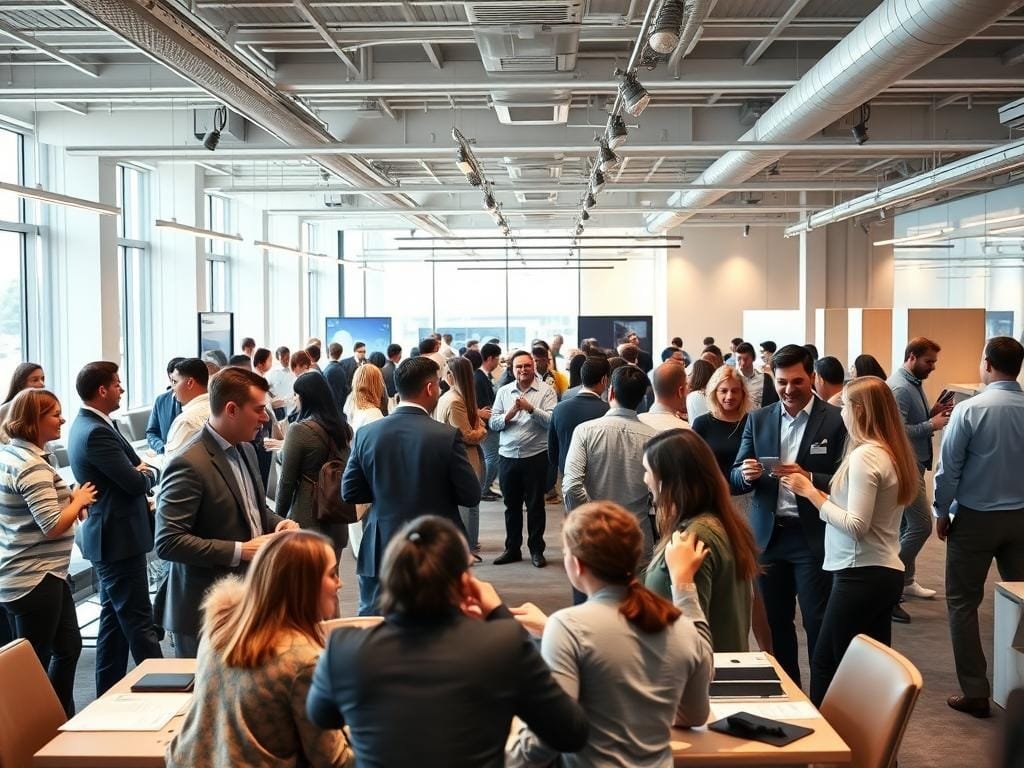 A bustling, well-lit office environment with professionals engaged in dynamic conversations and collaborative activities. In the foreground, a group of men and women gathered around a conference table, shaking hands, exchanging business cards, and discussing ideas with animated gestures. The middle ground features individuals mingling, networking, and making connections, with a diverse range of attire and backgrounds represented. The background showcases a modern, open-concept workspace with floor-to-ceiling windows, sleek furniture, and subtle corporate branding. The overall atmosphere conveys a sense of productivity, energy, and the synergistic exchange of knowledge and opportunities.