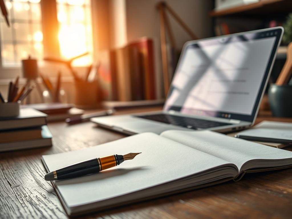 a captivating still-life scene of a writer's desk, illuminated by warm, natural light filtering through a window. in the foreground, a polished fountain pen and a crisp, blank notebook beckon, evoking the anticipation of crafting compelling captions. the middle ground features an open laptop, its screen displaying a minimalist text editor, hinting at the process of refining and polishing the written word. in the background, a collection of inspiring books and art supplies suggest a creative, contemplative environment. the overall mood is one of focus, creativity, and the power of words to captivate and engage.