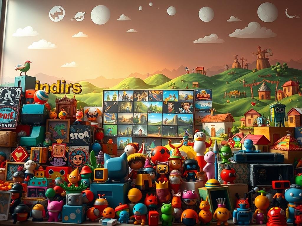 A captivating tableau of diverse indie game genres, bathed in a warm, nostalgic glow. In the foreground, a vibrant array of game icons and symbols - retro pixels, hand-drawn characters, abstract shapes, and more - each representing a unique indie experience. The middle ground features a collection of indie game screenshots, showcasing the rich variety of styles, narratives, and gameplay mechanics that define the indie landscape. In the background, a dreamlike, low-poly landscape with whimsical hills, forests, and structures, evoking the imaginative, experimental nature of indie development. The scene is illuminated by a soft, diffused lighting, creating an inviting, cozy atmosphere that draws the viewer into the indie game world.