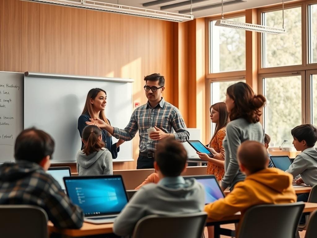 A classroom setting with an educator interacting with students in an engaging, collaborative manner. The foreground depicts the teacher guiding a group of students gathered around a digital whiteboard, using gestures and expressions to facilitate learning. The middle ground showcases various educational technologies such as laptops, tablets, and AI-powered learning assistants seamlessly integrated into the classroom environment. The background features a warm, inviting atmosphere with natural lighting filtering through large windows, creating a sense of openness and innovation. The overall scene conveys a harmonious blend of human-centric teaching and cutting-edge AI-driven personalized learning, reflecting the transformative potential of technology in the modern educational landscape.