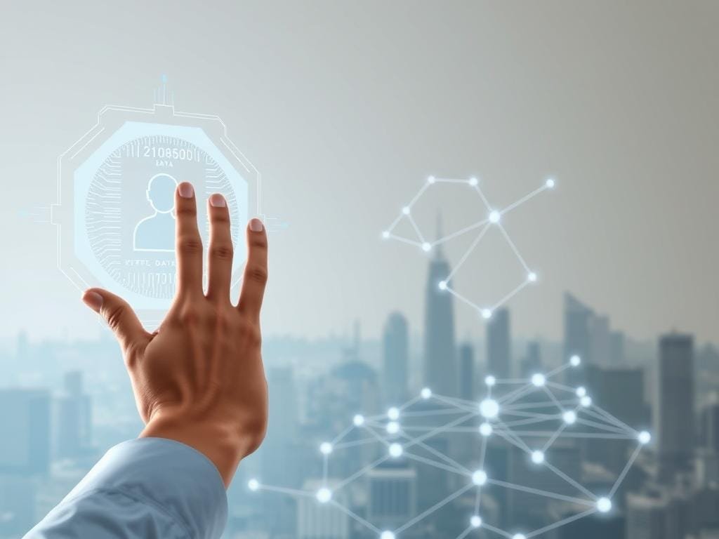 A clean, minimalist illustration of digital identity verification using blockchain technology. In the foreground, a stylized human hand interacts with a sleek, holographic interface displaying biometric data and cryptographic keys. The middle ground showcases a transparent, ethereal blockchain network, its distributed nodes pulsing with encrypted data flows. The background has a muted, futuristic cityscape, hinting at the real-world applications of this technology. Soft, directional lighting casts digital shadows, creating a sense of depth and technological sophistication. The overall mood is one of secure, user-centric digital identity management, reflecting the progressive ideals of the article's subject matter.