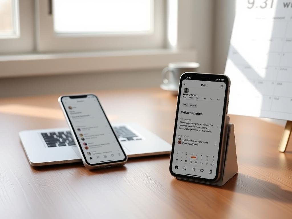 a clean, minimalist workspace with a laptop, smartphone, and calendar on a wooden desk. soft, directional lighting from a window casts subtle shadows. the smartphone displays instagram's scheduling interface, showcasing best practices for planning and managing instagram stories. the calendar in the background highlights key dates and upcoming posting schedule. a sense of organization, productivity, and attention to detail pervades the scene, reflecting the subject matter.