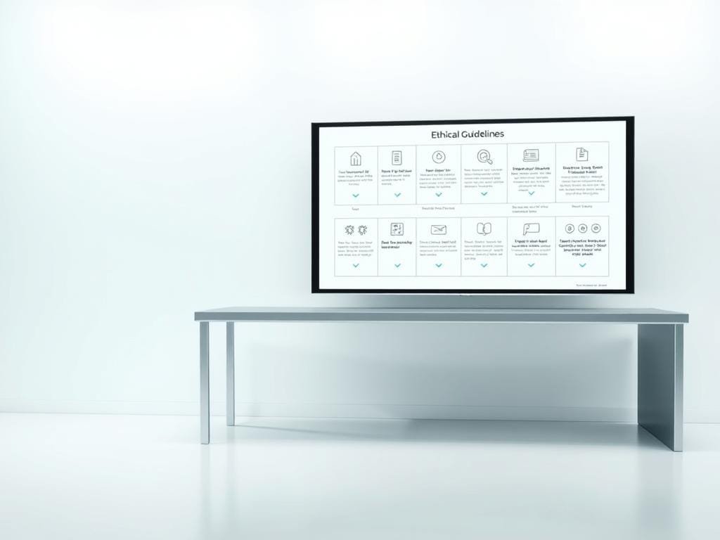 A clean, minimalist workspace with a sleek, metallic desk and a large display screen. On the screen, a series of ethical guidelines are presented in a clear, structured format, with icons and diagrams to illustrate key principles. Soft, diffused lighting creates a serene, contemplative atmosphere, while the background features a subtle, abstract pattern suggestive of the interconnected nature of AI systems. The overall composition conveys a sense of thoughtful, responsible consideration of the ethical implications of artificial intelligence.