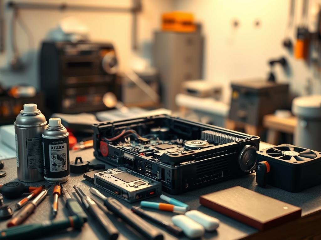 a clean, well-lit workshop interior with a disassembled xbox console components laid out on a workbench. the foreground shows various tools and cleaning supplies like screwdrivers, compressed air cans, and cotton swabs. the middle ground focuses on the xbox's internal components - the motherboard, fans, and heatsinks, all meticulously arranged. soft, warm lighting illuminates the scene, casting subtle shadows and highlights to emphasize the technical details. the background is slightly blurred, suggesting a sense of focus and attention to the task at hand. the overall mood is one of careful, methodical maintenance, conveying the steps involved in thoroughly cleaning an xbox to prevent overheating.