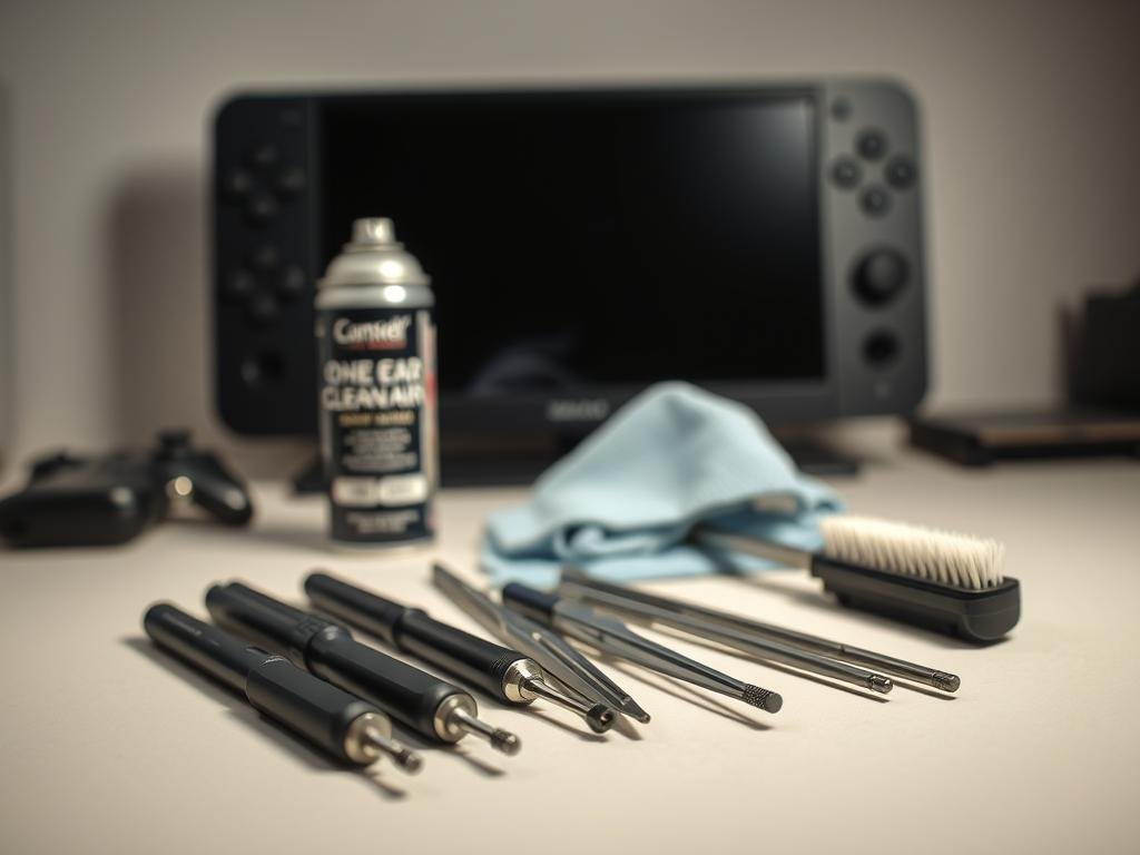 a clean, well-lit workspace showcasing an assortment of specialized console cleaning tools. in the foreground, a selection of precision screwdrivers, tweezers, and a soft-bristled brush, arranged neatly on a neutral-toned surface. in the middle ground, a can of compressed air and a microfiber cloth, symbolizing the essential tools for removing dust and debris. in the background, a blurred, out-of-focus console silhouette, hinting at the intended application of these tools. the lighting is soft and diffused, creating a professional, task-oriented atmosphere, emphasizing the importance of proper internal maintenance for electronic devices.