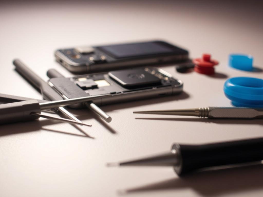 a close-up photograph showcasing a collection of specialized tools for iphone battery replacement. in the foreground, a set of precision screwdrivers, tweezers, and a suction cup tool arranged neatly on a clean, neutral-colored surface, casting delicate shadows. the middle ground features the disassembled components of an iphone, including the battery, displayed against a blurred background. the lighting is soft and diffused, creating a professional, technical atmosphere. the composition emphasizes the tools' functionality and the intricate process of iphone battery replacement, providing a visually engaging illustration for the article's "tools required" section.