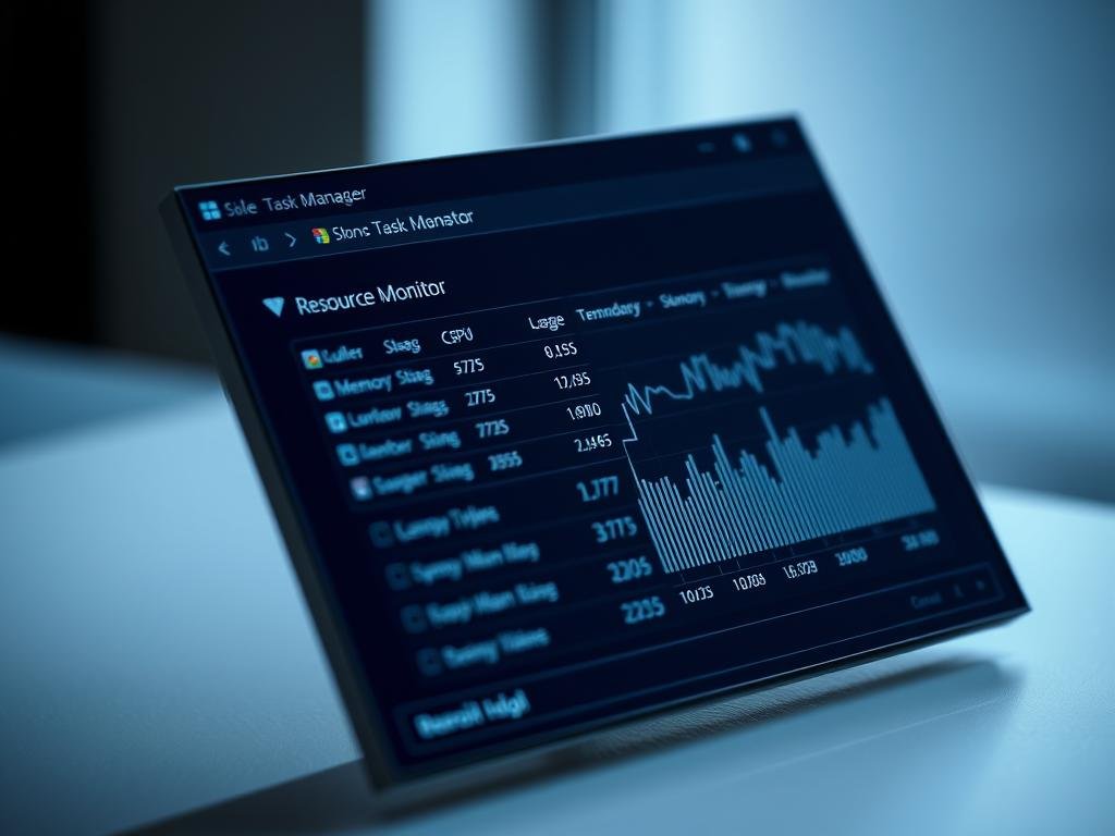 A close-up screenshot of the Windows Task Manager, showcasing the Resource Monitor tab. The interface is clean and minimal, with a dark-themed color palette. The CPU, memory, disk, and network usage graphs are prominently displayed, providing a detailed overview of the system's real-time performance. The window is slightly tilted, giving it a dynamic, professional appearance. The lighting is soft and diffused, creating a subtle sense of depth and atmosphere. The background is blurred, keeping the focus on the Task Manager's intuitive layout and informative data visualizations.