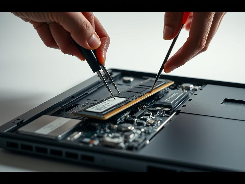 a close-up shot of a laptop with the top cover open, revealing the internal components. the focus is on the ram modules, which are being carefully upgraded by a pair of hands using specialized tools. the image has a technical, detail-oriented aesthetic, with a clean, well-lit background that emphasizes the mechanical aspects of the upgrade process. the lighting is soft and diffused, creating subtle shadows that highlight the textures and contours of the hardware. the overall mood is one of precision, problem-solving, and a sense of reviving an older machine through a simple, yet crucial, upgrade.