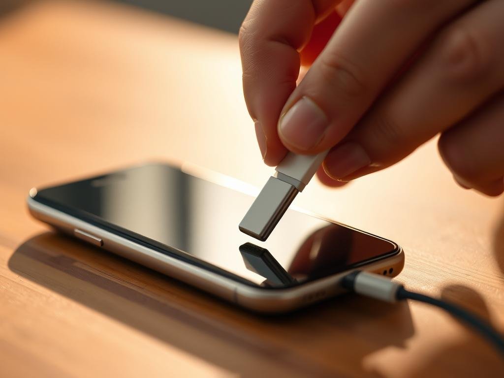 a close-up shot of a person's hands gently replacing a worn-out charging cable on a modern smartphone. the new cable, with its sleek design and glossy finish, is carefully being inserted into the phone's charging port. soft, warm lighting illuminates the scene, casting subtle shadows that accentuate the tactile nature of the task. the background is blurred, keeping the focus on the intricate process of cable replacement, which is the central subject. the overall mood is one of concentration and attention to detail, reflecting the importance of maintaining a reliable charging setup for the phone.