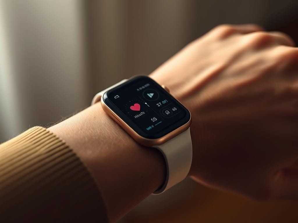 A close-up shot of a person's wrist, featuring a sleek, futuristic-looking smartwatch. The watch has a seamless, curved design with a high-resolution display that blends effortlessly with the user's skin tone. The watch face showcases various health and connectivity features, such as heart rate monitoring, step tracking, and wireless integration with smart devices. The lighting is soft and diffused, creating a warm, inviting atmosphere that emphasizes the watch's elegant, minimalist aesthetic. The background is blurred, placing the focus entirely on the wearable tech and its seamless integration with the user's daily life.