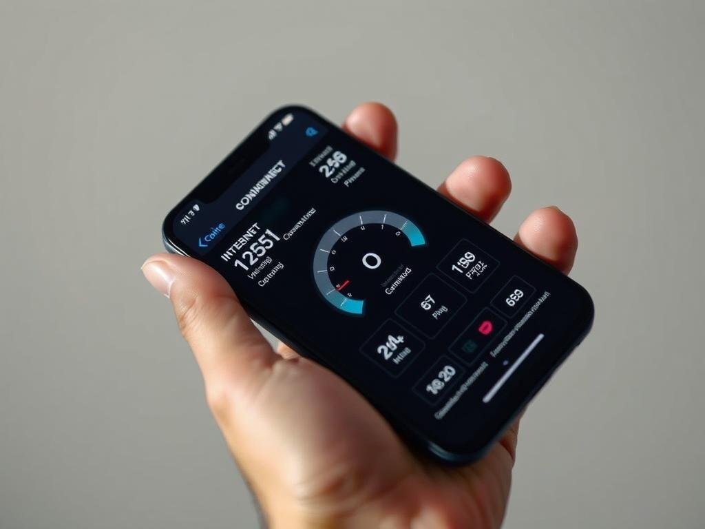 A close-up shot of a smartphone screen displaying a stylized internet speed test interface. The screen shows various metrics like download/upload speeds, ping, and connection quality, all rendered in a minimalist, high-contrast design. The device is held in a human hand against a slightly blurred background, conveying a sense of focus and functionality. The lighting is crisp and evenly distributed, highlighting the screen's clarity. The overall mood is one of efficiency and technological prowess, suitable for illustrating a section on optimizing internet performance.
