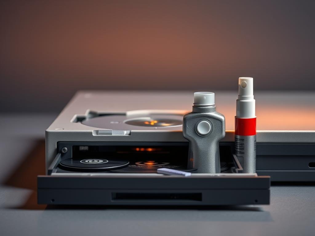 a close-up view of a nintendo game console disc drive, showcasing the internal mechanisms and solutions for disc reading issues. the foreground features the open disc tray, revealing the lens and spindle assembly in crisp detail, illuminated by warm, directional lighting that casts subtle shadows. the middle ground displays a selection of common troubleshooting tools, such as a cleaning disc, compressed air, and a small screwdriver, arranged neatly. the background is a minimalist, muted gray backdrop, allowing the technical components to be the focal point. the overall mood is one of focused problem-solving, with a sense of precision and care in the image composition.