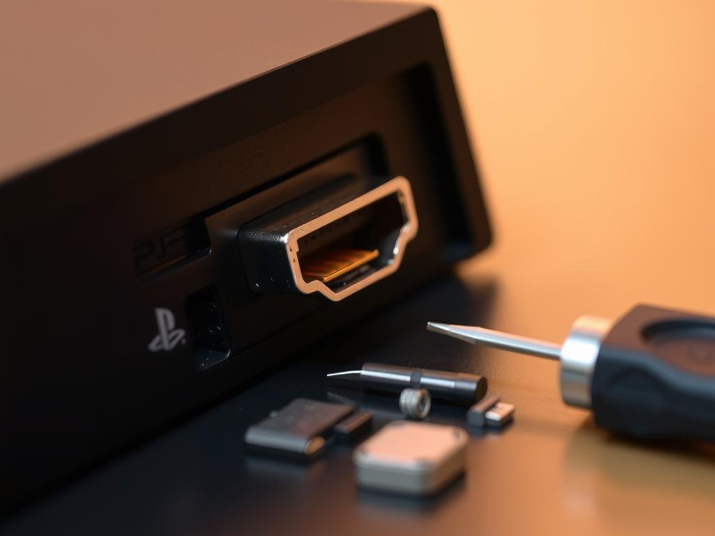 a close-up view of a playstation console's hdmi port, illuminated by warm lighting. the port is partially disassembled, with a set of miniature tools and replacement components arranged neatly around it. the image conveys a sense of precision and technical focus, showcasing the intricate process of repairing a damaged hdmi connection on a gaming console. the background is blurred, keeping the viewer's attention on the delicate, hands-on repair work being performed.