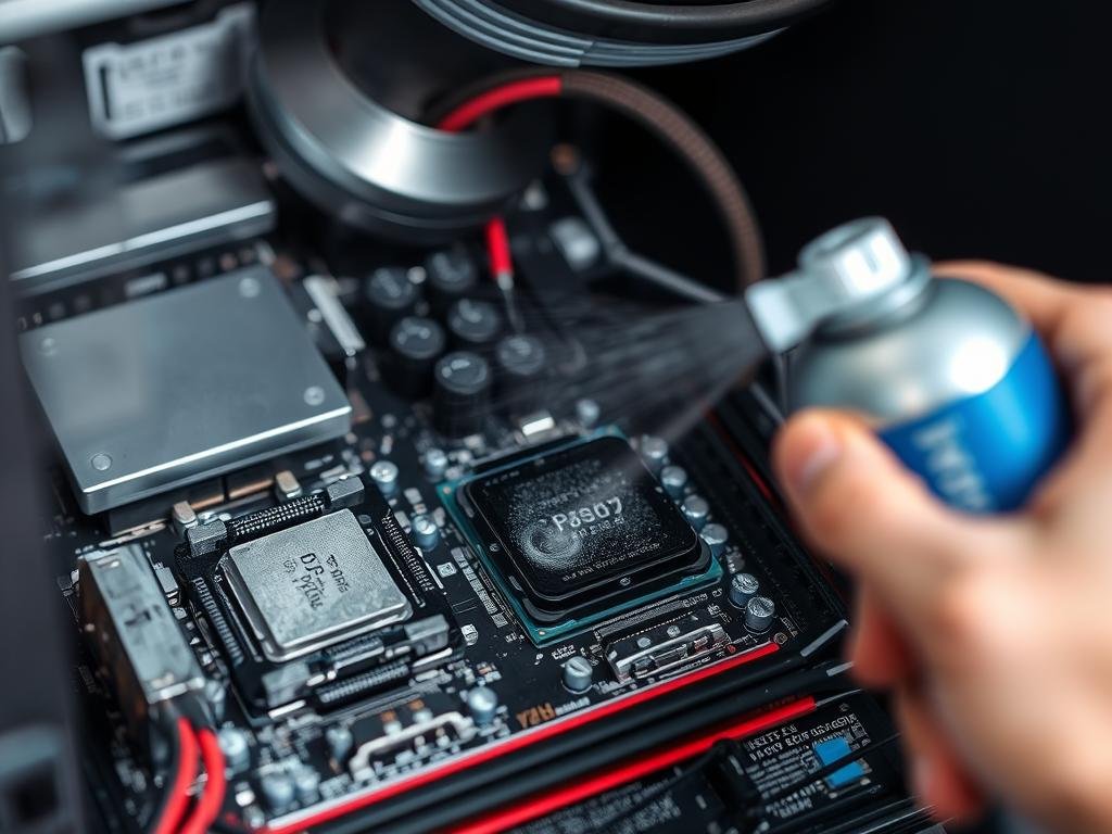 a close-up view of a desktop computer's internal components being carefully cleaned with a small brush and compressed air. the motherboard, processor, ram modules, and other crucial hardware pieces are depicted in sharp focus, showcasing the intricate details of their surfaces and connectors. soft, diffused lighting from above illuminates the scene, creating subtle shadows that help define the 3d structure of the components. the overall atmosphere is one of precise, meticulous maintenance, emphasizing the importance of keeping a computer's internal hardware well-maintained to prevent overheating and ensure optimal performance.
