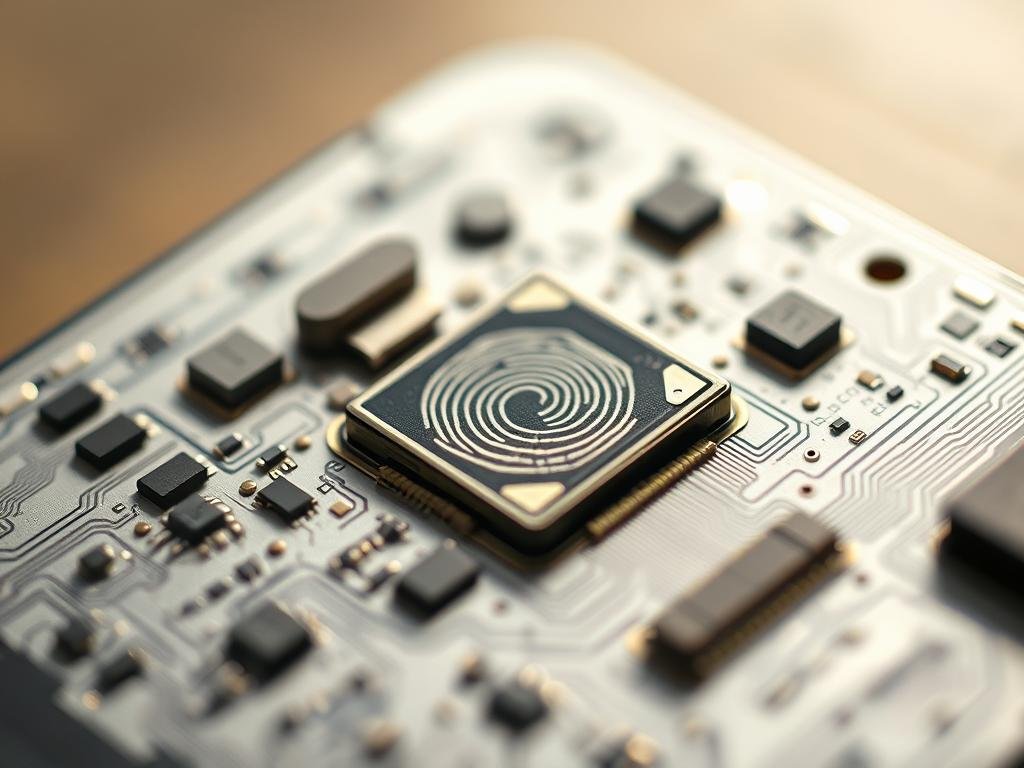 a close-up view of a disassembled fingerprint scanner on a silver electronic circuit board, illuminated by soft natural lighting and shot with a sharp focus lens. in the foreground, the sensor module is prominently displayed, its intricate components and delicate mechanisms visible. the middle ground showcases the surrounding circuit traces and connectors, hinting at the scanner's integration within the larger device. the background fades into a subtly blurred, minimalist context, emphasizing the technical details of the repair subject. the overall mood is one of precision, curiosity, and the tactile nature of hardware troubleshooting.