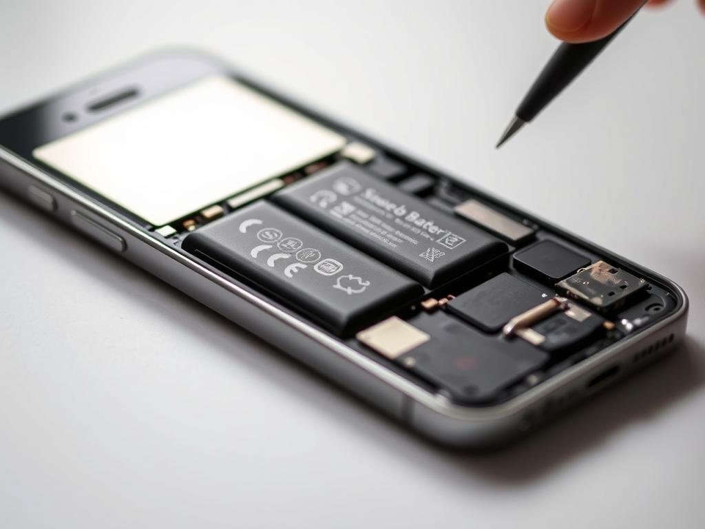 a close-up view of a disassembled iphone, its sleek exterior peeled away to reveal the intricate inner workings. the focus is on the battery compartment, with a replacement battery poised to be carefully installed. the lighting is soft and diffused, casting gentle shadows that highlight the precision engineering of the device. the background is blurred, keeping the attention on the task at hand - the delicate process of swapping out the old power source for a fresh, revitalized one. the mood is one of focused concentration, as the viewer is invited to imagine themselves undertaking this diy repair, breathed to life through the detail-oriented prompt.