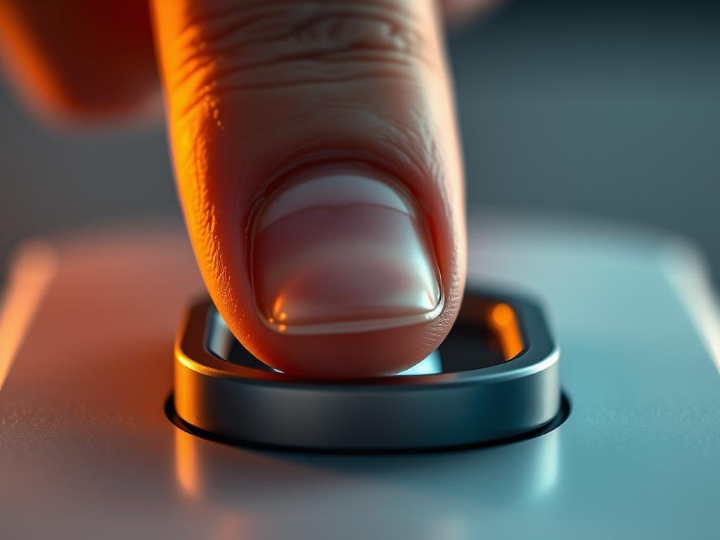 a close-up view of a finger being scanned by a sleek, modern biometric authentication device. the finger's ridges and whorls are sharply in focus, highlighted by warm, soft lighting that creates a sense of depth and texture. the device's surface is glossy and seamless, with a minimalist, high-tech aesthetic. the background is blurred, creating a sense of isolation and focus on the authentication process. the overall mood is one of precision, security, and technological sophistication.