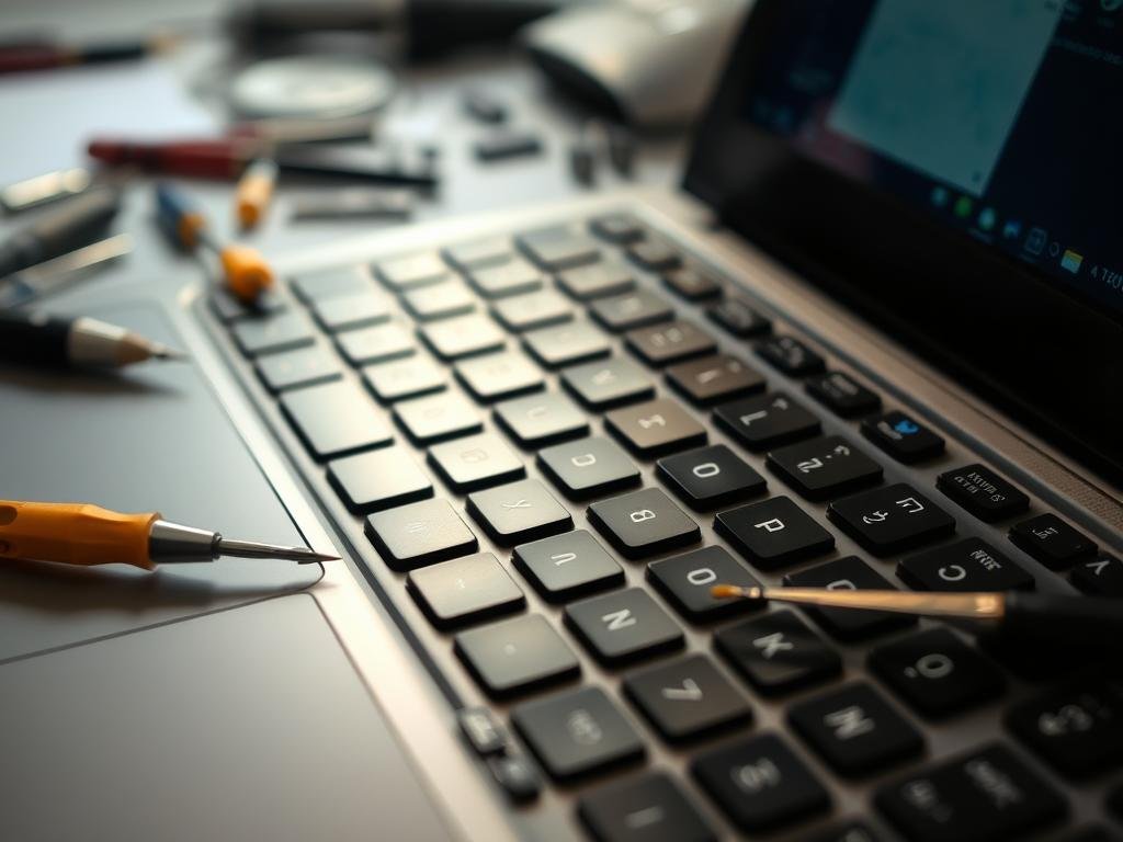 a close-up view of a laptop keyboard with tools and components scattered around, as if in the midst of a troubleshooting session. the keyboard is well-lit, showcasing the intricate details of the keys, while the surrounding area is slightly dimmer, drawing the focus to the repair work. various screwdrivers, tweezers, and other small tools are visible, hinting at the methodical process of diagnosing and fixing the keyboard issue. the scene conveys a sense of focused problem-solving, with a calm and analytical atmosphere.