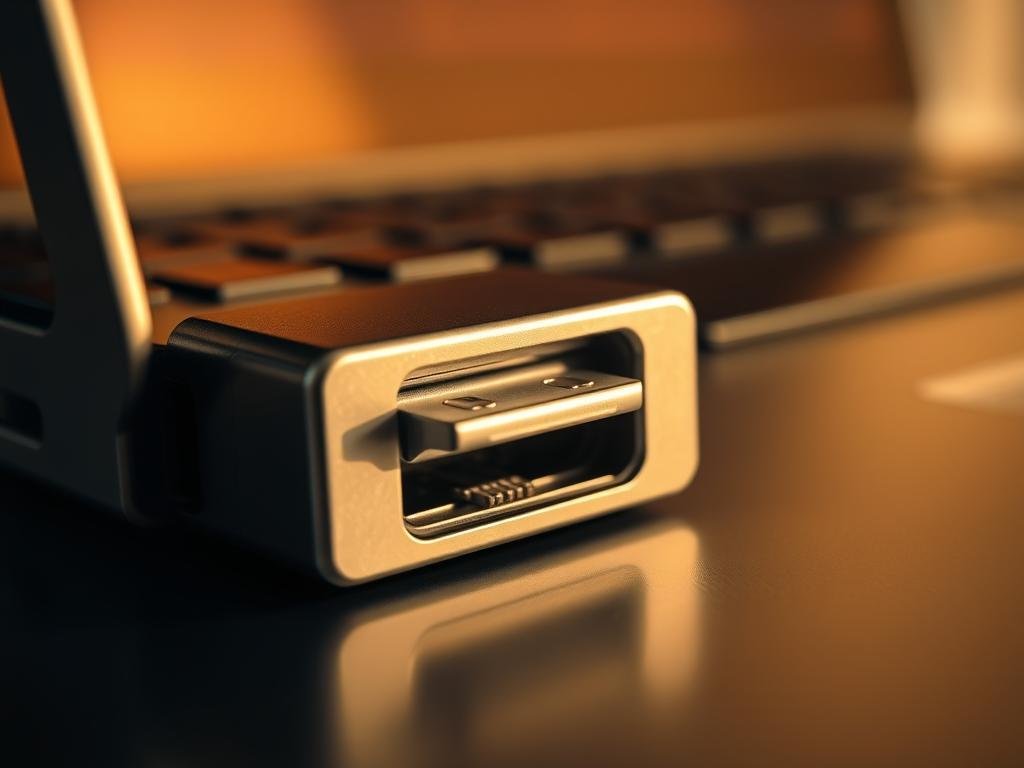 a close-up view of a laptop's usb port, illuminated by warm lighting that casts soft shadows. the port's metal casing is visible, with its rectangular shape and small openings for the connecting pins. the surface of the port appears clean and undamaged, reflecting the attention to detail required for proper inspection. the background is slightly blurred, focusing the viewer's attention on the intricate structure of the usb interface.