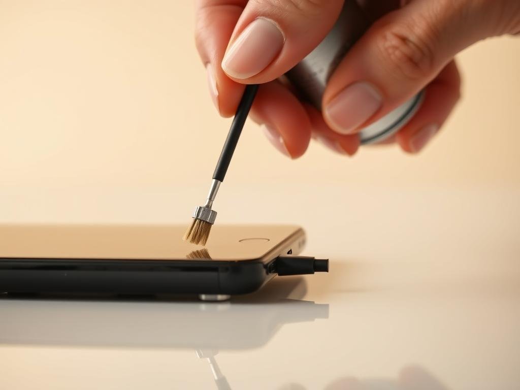 a close-up view of a person's hand carefully cleaning the charging port of an electronic device, such as a smartphone or tablet, using a small brush and compressed air. the device is placed on a clean, well-lit surface, with a soft-focused background that suggests a professional or office setting. the lighting is warm and even, creating a sense of focus and attention to detail. the image conveys a sense of care and precision, capturing the process of maintaining and preserving the functionality of the charging port.