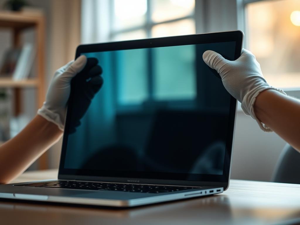 a close-up view of a person's hands carefully installing a new laptop screen. the screen is displayed in the foreground, its sleek design and high-resolution display evident. the hands, wearing protective gloves, are meticulously aligning the screen, showcasing the precision and attention to detail required for this delicate repair process. the background is slightly blurred, emphasizing the focus on the screen installation. soft, natural lighting from a nearby window illuminates the scene, creating a warm and inviting atmosphere. the overall composition conveys the sense of care and expertise needed to successfully fix a broken laptop screen.