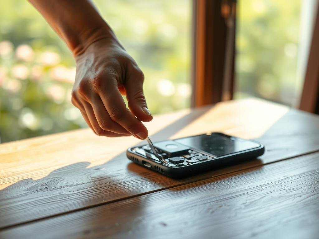 a close-up view of a person's hands gently disassembling a water-damaged smartphone on a wooden table, with a focused, methodical expression. the table is well-lit from the side, casting soft shadows and highlights on the phone's components. in the background, a blurred, soothing natural setting, such as a garden or a window, creates a calming atmosphere. the scene conveys a sense of care, attention to detail, and the importance of acting quickly to salvage a water-damaged device.
