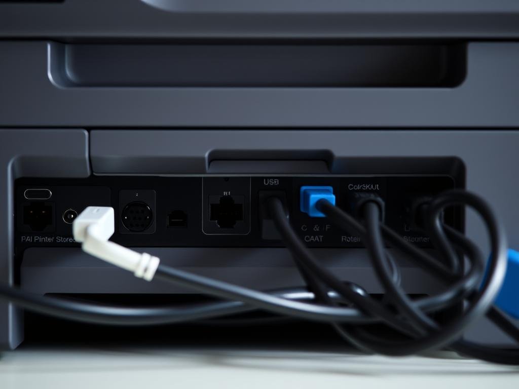 A close-up view of a printer's rear panel, illuminated by soft, diffused lighting. The focus is on the various input and output ports, including USB, Ethernet, and power connections, all clearly visible and labeled. The cords are neatly organized, with minimal tangles, conveying a sense of order and attention to detail. The overall scene has a clean, technical aesthetic, hinting at the importance of properly connecting the printer for optimal performance and troubleshooting.