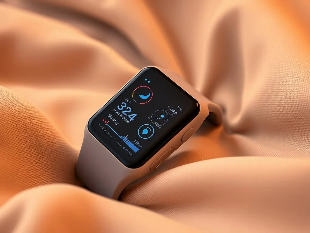 a close-up view of a sleek, minimalist wearable device resting on a soft, neutral-toned fabric. the device features a large, high-resolution display showcasing sleep data and insights. the bracelet-style band is made of a flexible, breathable material that seamlessly integrates with the skin. subtle led indicators provide additional real-time feedback. the overall design conveys a sense of unobtrusive sophistication, perfectly suited for health monitoring during rest. the image is bathed in warm, diffused lighting, highlighting the device's premium aesthetic and user-friendly interface.