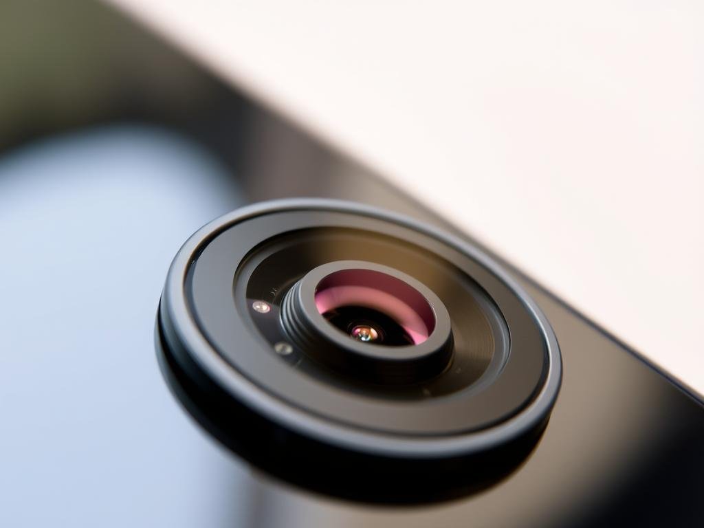 a close-up view of a smartphone camera lens assembly, showcasing the intricate components. the foreground features the circular lens housing, its surface a glossy, reflective black. the middle ground reveals the inner mechanisms, including the lens elements, focus ring, and aperture blades, all meticulously detailed. the background is a softly blurred, neutral-toned environment, drawing the viewer's attention to the technical details of the lens. crisp lighting from an angle highlights the precise engineering and craftsmanship of this delicate smartphone camera component.