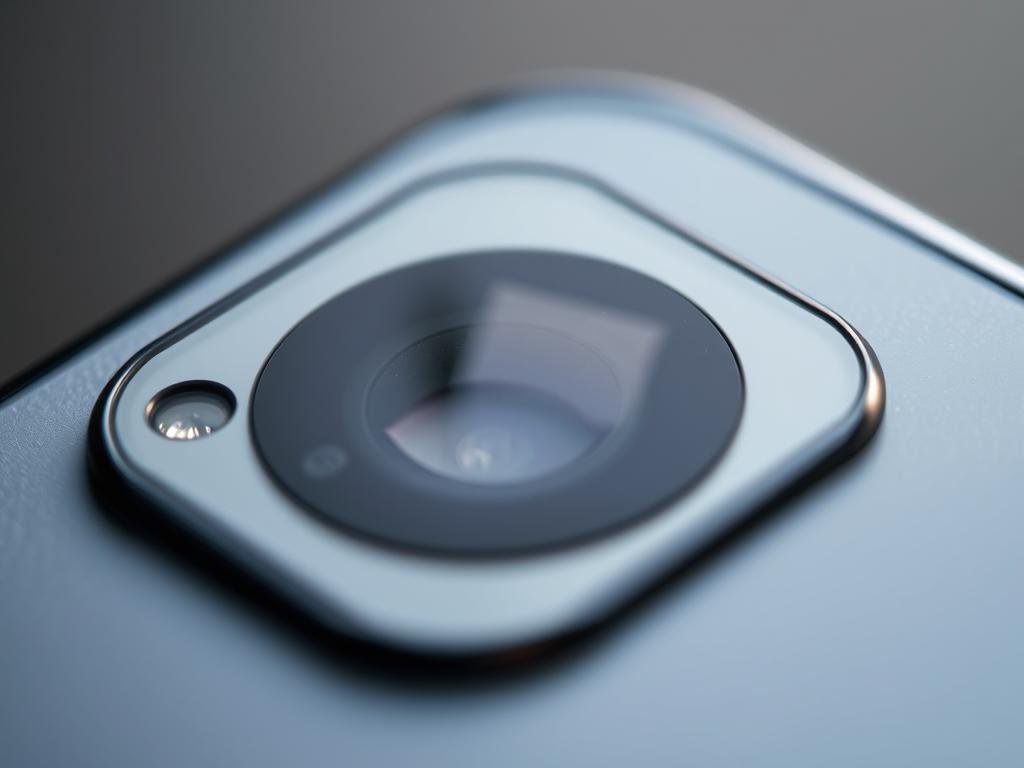 a close-up view of a smartphone camera lens, its surface slightly out of focus, with a subtle haze blurring the edges. the lens is surrounded by a sleek, metallic camera module, its intricate components visible through a transparent casing. soft, diffused lighting illuminates the scene, creating a sense of depth and emphasizing the technical details. the background is subtly blurred, keeping the camera as the central point of focus, conveying a feeling of troubleshooting and problem-solving.