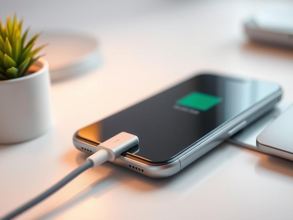 a close-up view of a smartphone charging port with a usb-c cable gently inserted, illuminated by soft, warm lighting from the side. the background is a clean, minimalist workspace with a desk and a potted plant, creating a calming, focused atmosphere. the image showcases the proper technique for charging a phone, with the cable aligned correctly and the port visible, providing a visual guide for users on how to efficiently and safely charge their devices.
