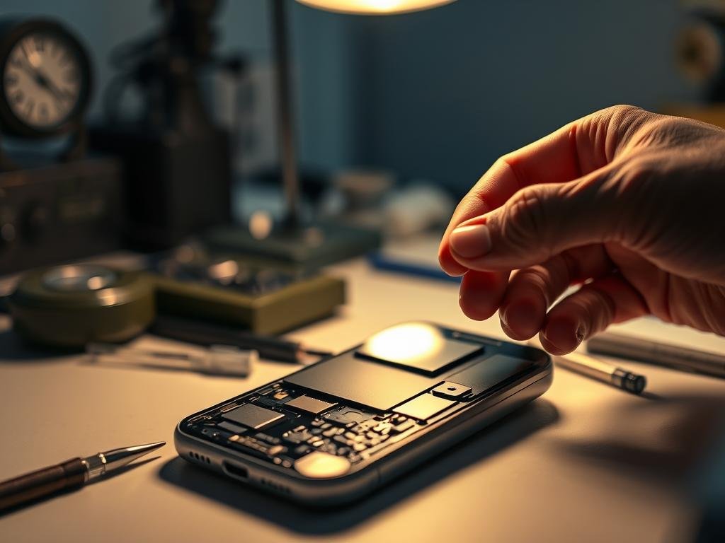 A close-up view of a smartphone screen being professionally replaced, with a technician's hands carefully removing the old screen and delicately installing a new, high-quality display. The scene is set against a clean, well-lit workbench with precision tools and replacement parts neatly organized. Soft, diffused lighting from above casts a warm, focused glow on the task at hand, creating a sense of skilled craftsmanship and attention to detail. The overall mood conveys the satisfaction of successfully completing a common tech repair task with care and expertise.