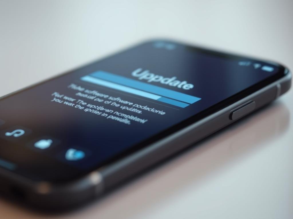 a close-up view of a smartphone screen displaying the process of software updates. the foreground showcases the update screen with a progress bar, percentage, and icons representing the different stages of the update. the middle ground depicts the phone's exterior in a sleek, modern design, conveying a sense of technological sophistication. the background is softly blurred, creating a focus on the update process. the lighting is soft and diffused, highlighting the screen's details without harsh shadows. the overall mood is one of anticipation and the promise of improved functionality, reflecting the importance of software updates for seamless connectivity.