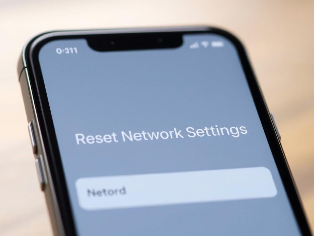 a close-up view of a smartphone screen, showcasing the "reset network settings" option in a clean, minimalist interface. the screen is well-lit, creating a crisp, high-contrast display with a muted, calming color palette. the background is blurred, placing the user's attention solely on the task at hand. the overall mood is one of focus and problem-solving, inviting the viewer to confidently navigate the process of resetting network settings to resolve connectivity issues.