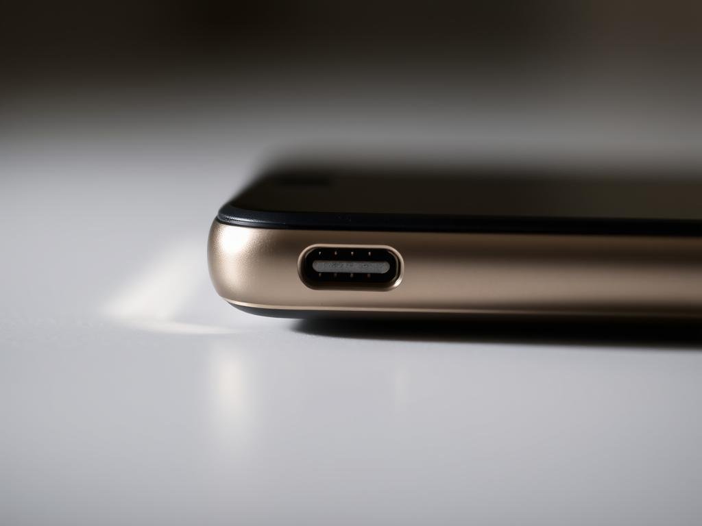 a close-up view of a smartphone's charging port, illuminated by soft, directional lighting from the side. the port is centered in the frame, showcasing its intricate design and metal contacts in crisp detail. the background is blurred, creating a shallow depth of field that draws the viewer's attention to the delicate charging mechanism. the overall mood is one of careful inspection and technical precision, inviting the viewer to examine the port's condition and identify any potential issues.