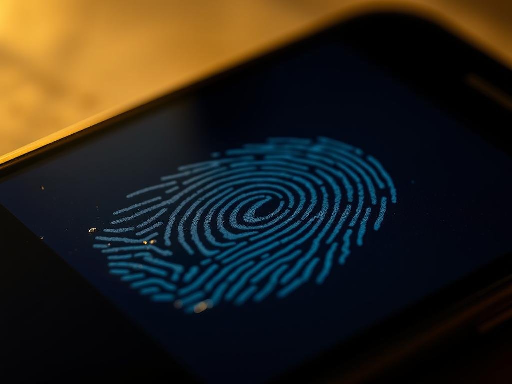a close-up view of a smartphone's fingerprint sensor, showcasing common issues. the sensor surface appears smudged, with visible fingerprint patterns and dust particles obscuring the scanning area. dim, yellowish lighting casts shadows, creating an atmosphere of frustration and technical problems. the sensor is captured from a slightly angled perspective, emphasizing the imperfections and the user's struggle to unlock the device. the background is blurred, keeping the focus on the problematic fingerprint sensor.