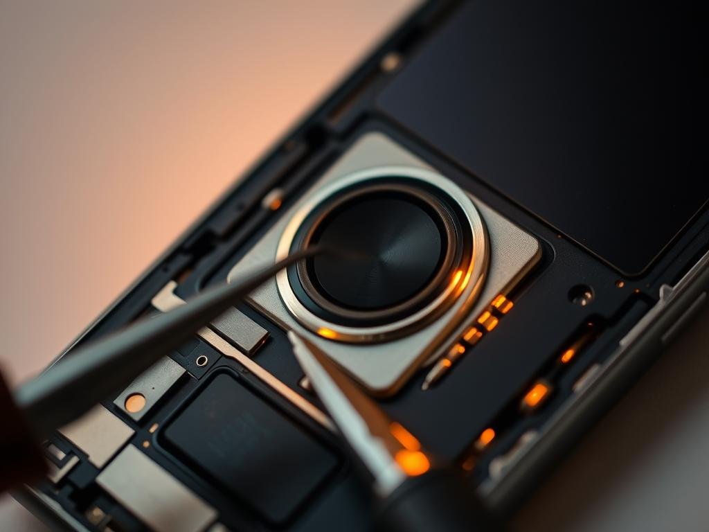 a close-up view of a smartphone's power button, surrounded by a disassembled housing. the button is illuminated by warm, focused lighting, casting subtle shadows that highlight its intricate components. the middle ground features precision tools, including tweezers and a screwdriver, suggesting a methodical repair process. the background blurs into a neutral, minimalist setting, emphasizing the subject matter. the overall atmosphere conveys a sense of careful, technical attention to detail, reflecting the delicate nature of power button repair.