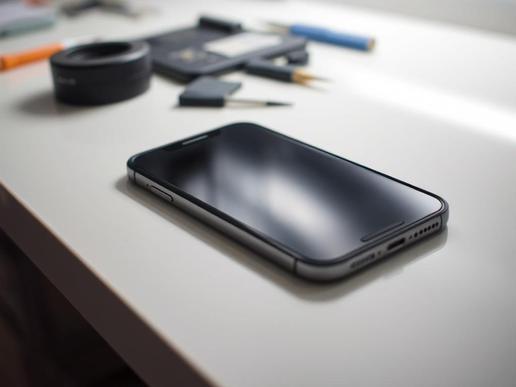 a close-up view of an iphone screen display, showcasing the process of a screen replacement. the device is positioned on a clean, well-lit workbench, with tools and spare parts visible in the background. the screen's glass panel is partially lifted, revealing the intricate internal components. the lighting is soft and diffused, highlighting the delicate nature of the repair. the overall atmosphere conveys a sense of focused attention and care, emphasizing the importance of preventative measures to avoid future issues with the device's functionality.