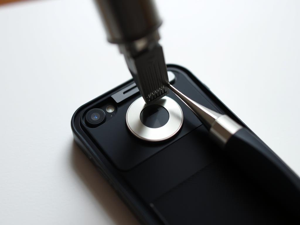 a close-up view of an iphone's home button, illuminated by soft, natural lighting. the device is situated on a clean, uncluttered surface, allowing the focus to remain on the intricate components of the button mechanism. the image captures the delicate process of disassembling and repairing the home button, showcasing the necessary tools and techniques required to restore its functionality. the overall mood is one of precision, care, and a sense of accomplishment in fixing a common issue without the need for professional intervention.