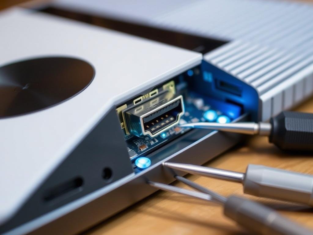 a close-up view of an open gaming console, its hdmi port exposed and surrounded by intricate electronic components. bright, focused lighting illuminates the delicate repair process, with a set of precision tools laid out neatly nearby. the console's sleek, modern design contrasts with the technical complexity of the hdmi port, conveying the careful, meticulous nature of this repair task. the overall scene evokes a sense of concentration and problem-solving, capturing the essence of the "hdmi port repair on consoles: step-by-step guide" section.