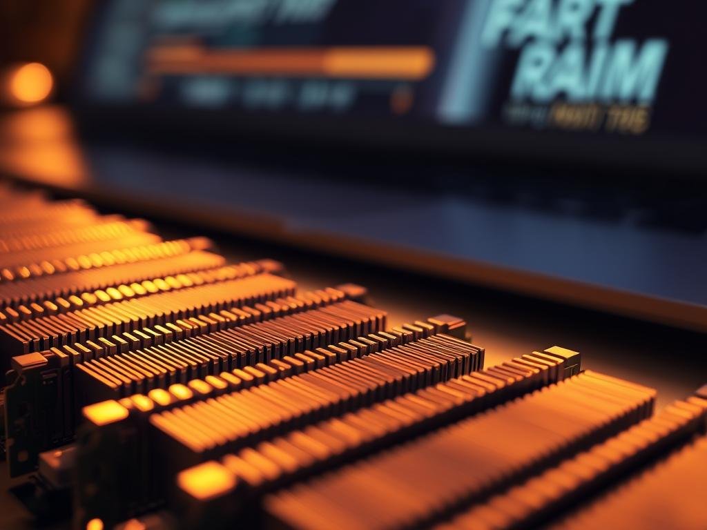a close-up view of computer ram modules, their metal heat sinks shimmering under warm, soft lighting. the modules are arranged neatly, casting subtle shadows that create depth and dimensionality. in the background, a blurred, out-of-focus representation of a laptop or desktop computer, hinting at the end-use scenario. the overall mood is one of technological sophistication and the promise of performance enhancement through ram upgrades.