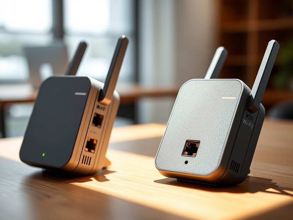 a close-up view of two stylish wi-fi extenders placed on a wooden desk. the extenders have a sleek, modern design with discreet led indicators and multiple ethernet ports. soft, directional lighting from the side creates dimensional shadows, highlighting the textured surfaces and curves of the devices. the scene conveys a sense of technological elegance, conveying the idea of seamless, high-performance wireless connectivity. in the background, a blurred, minimalist office environment suggests a professional setting where such wi-fi boosters would be useful for improving coverage and signal strength.