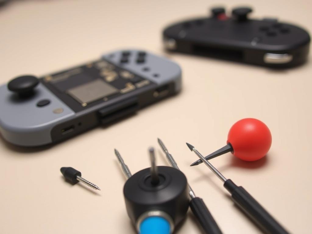 a close-up, well-lit, detailed shot of a collection of essential tools for repairing nintendo switch joy-con analog sticks. in the foreground, a miniature screwdriver set, precision tweezers, and a small suction cup tool are neatly arranged on a clean, neutral-colored surface. in the middle ground, the disassembled components of a joy-con controller are visible, including the analog stick module and housing. the background is blurred, creating a sense of focus on the repair tools. the lighting is soft and flattering, emphasizing the technical nature of the scene and the importance of the right tools for the job.