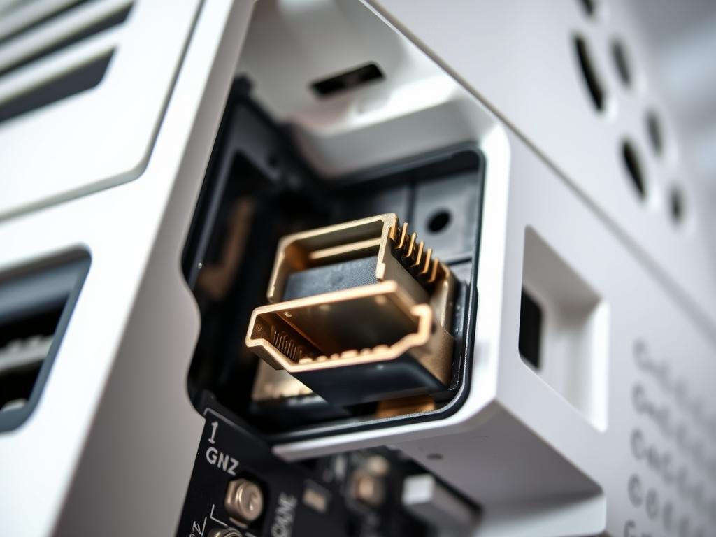 a close-up, well-lit photograph of an open xbox console's hdmi port, showcasing the internal components and circuitry. the port's metal housing, pins, and surrounding circuit board are clearly visible, allowing for a detailed examination. the image has a technical, almost clinical feel, with a neutral, slightly muted color palette that emphasizes the hardware's intricate design. the lighting is soft and directional, casting subtle shadows that accentuate the port's structure. the camera angle is positioned to provide a clear, unobstructed view of the hdmi port, allowing the viewer to study its construction and understand the repair process.
